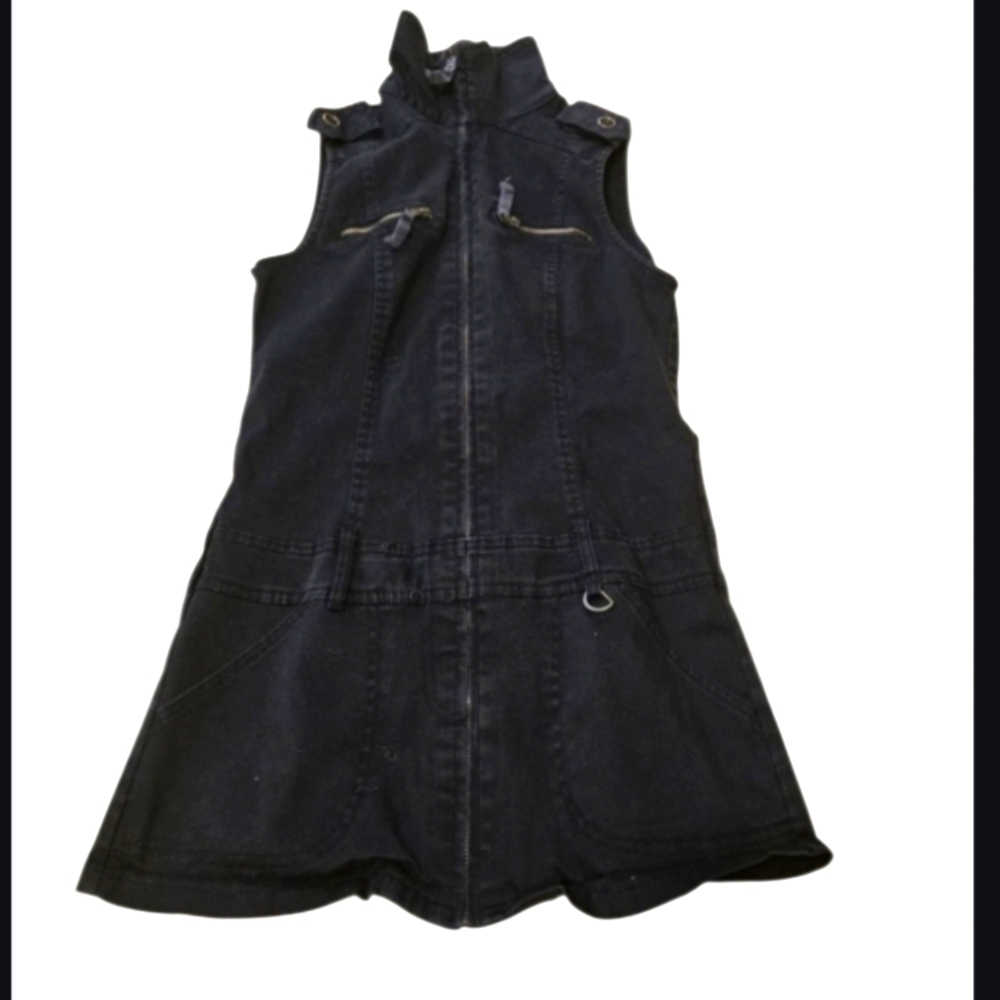 Vintage Y2K Dress M Younique Black Zip Up Sleeveless Drop Waist Micro Mini